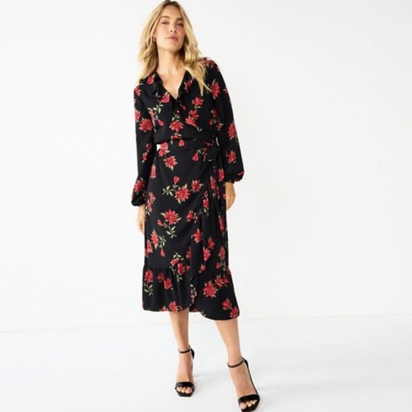 Draper James RSVP long sleeve floral wrap dress w/ ruffles size XS black | red - Picture 1 of 15